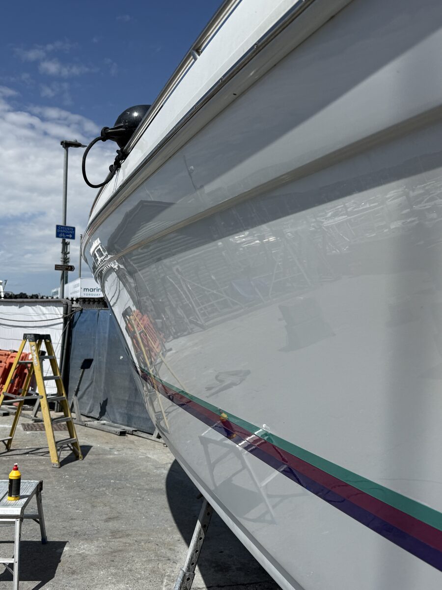 Boat hull cleaned and polished by LS Detailing at Torquay Marina